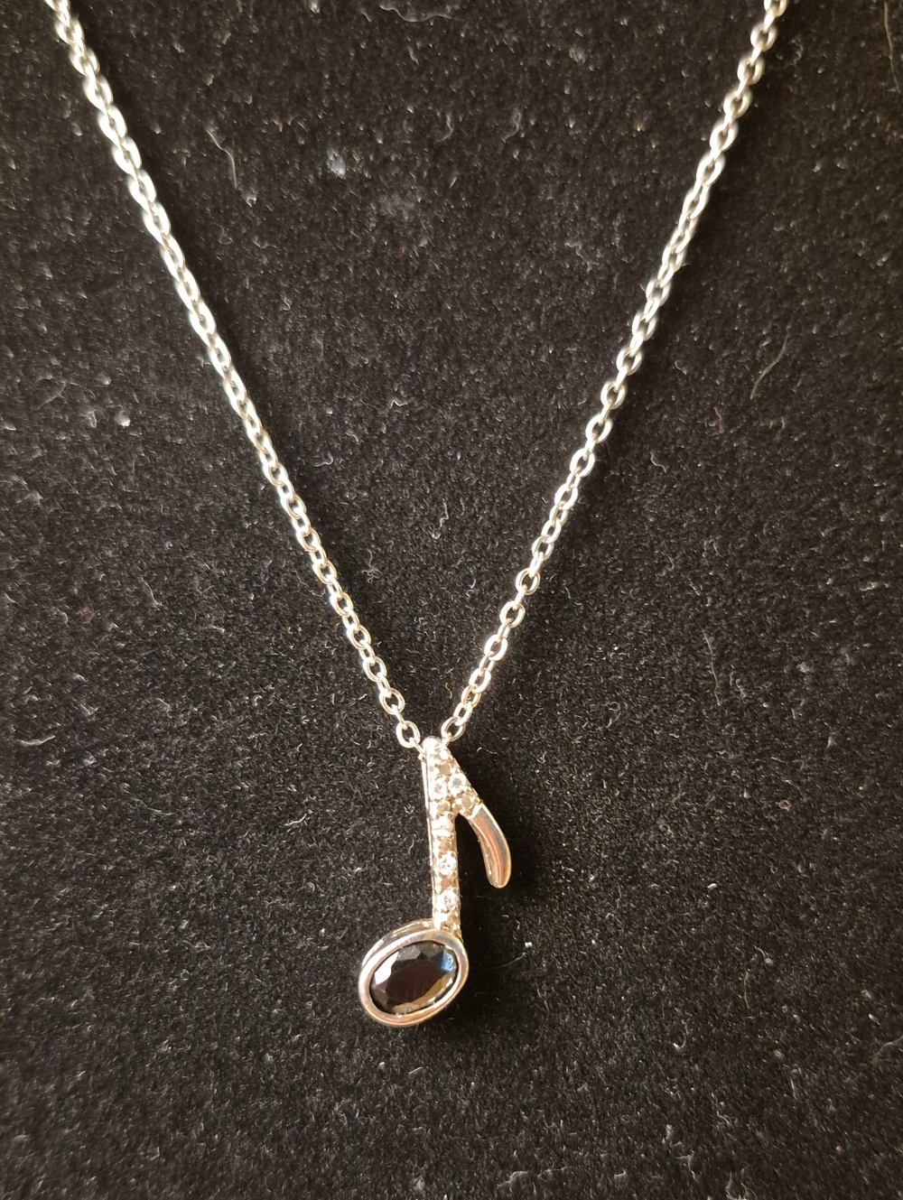 Silver Music Note Pendant Necklace with Black Gem